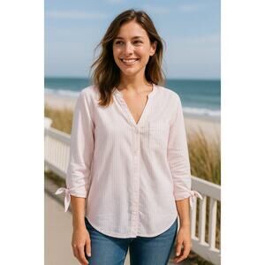 Kensie Jeans Striped Button Front Cotton Blouse with Tie Sleeves – Size Large